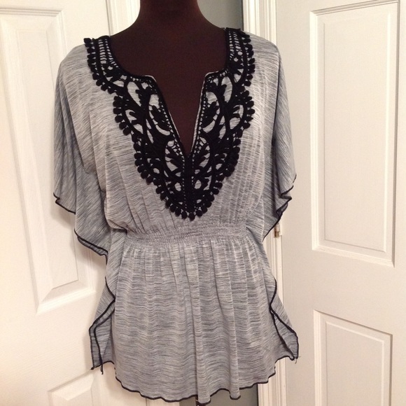 My Michelle Tops - Gray top with black crocheted detail